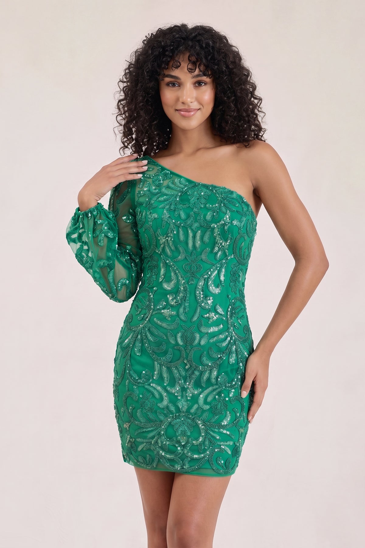 Emerald One-Sleeve Short Sequin Lace-Up Embroidered Homecoming Dresses, supplier image 1