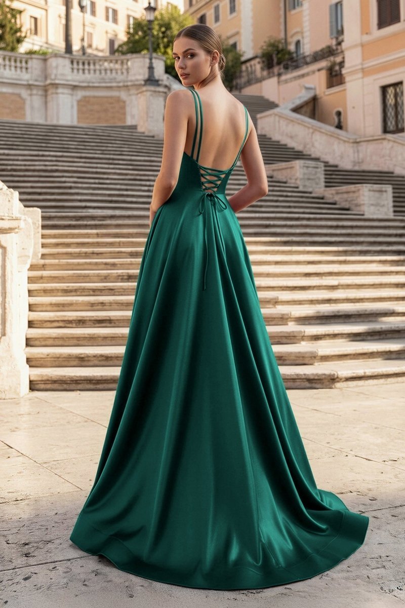 Burgundy Spaghetti Straps A Line Satin Long Prom Dresses With Slit Evening Dresses, product image 6