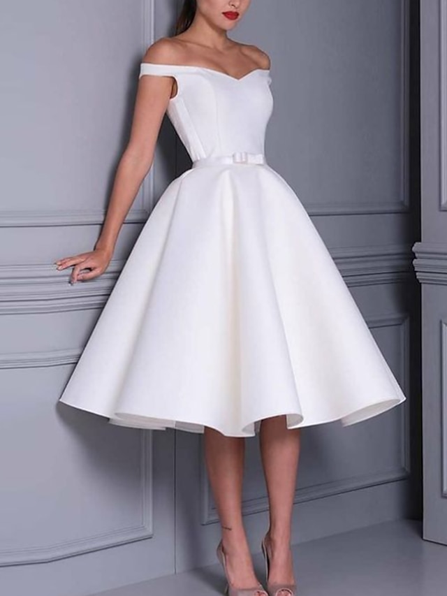 a-line tea-length little white dress wedding dress wedding guest dress cocktail dress off-the-shoulder sleeveless, supplier image 5