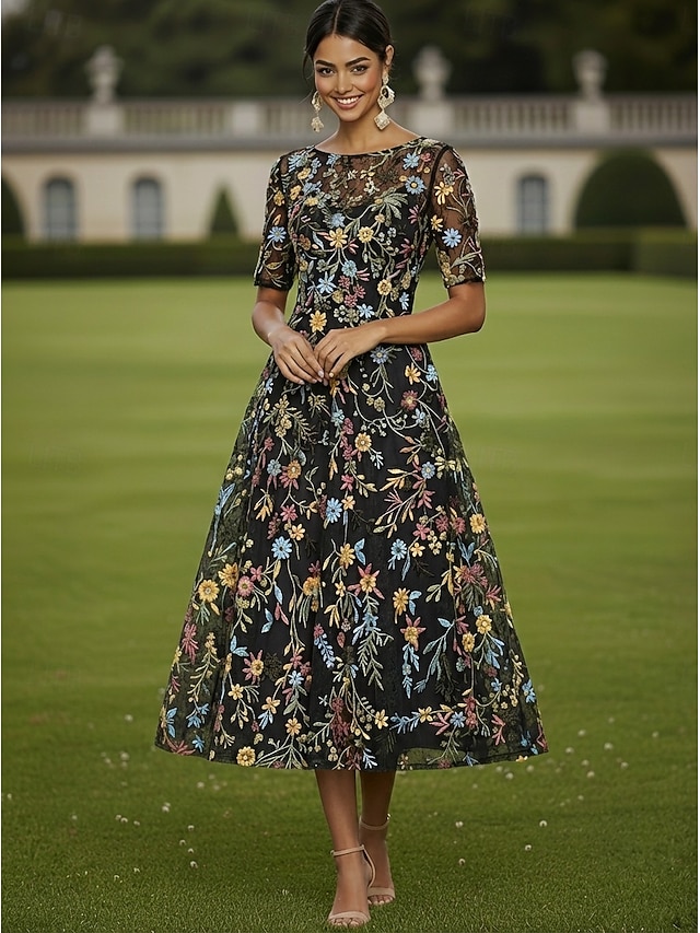 a-line floor length mother of the bride dresses cocktail dresses party dresses half sleeve plunging neck elegant vintage luxurious tulle, supplier image 21