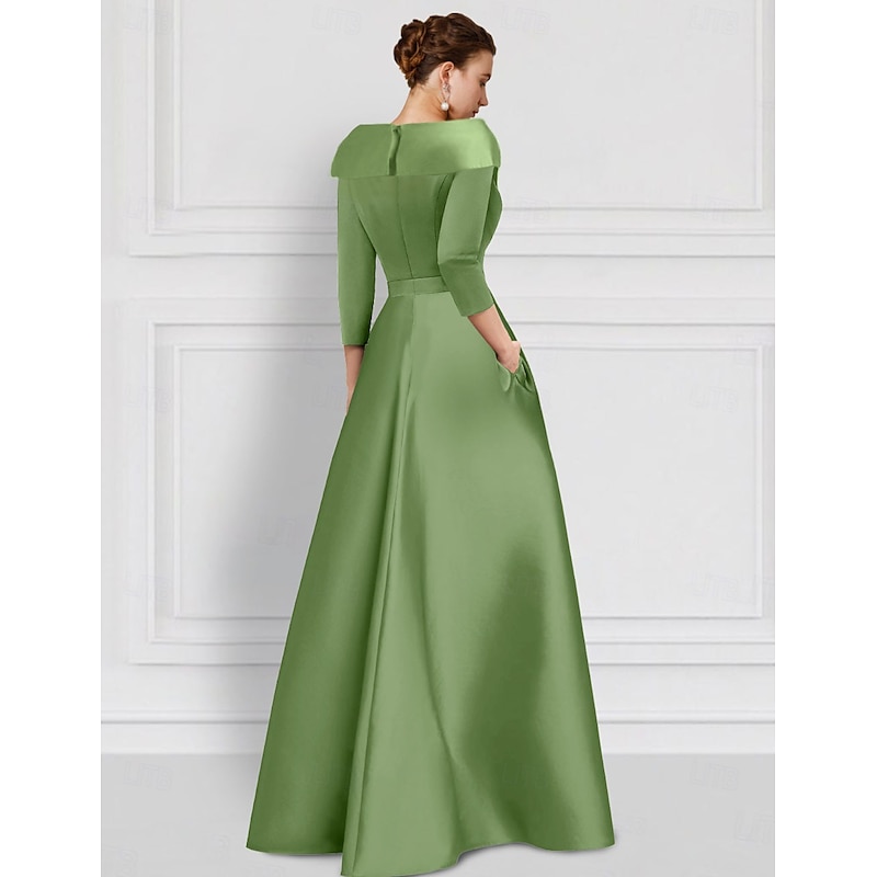 Beaded Eembroidered Ball Gown A-Line Evening Gown Mother of the Bride Dress Formal Dress Elegant Wedding Floor Length Half Sleeve Shirt Collar Satin with Slit Appliques