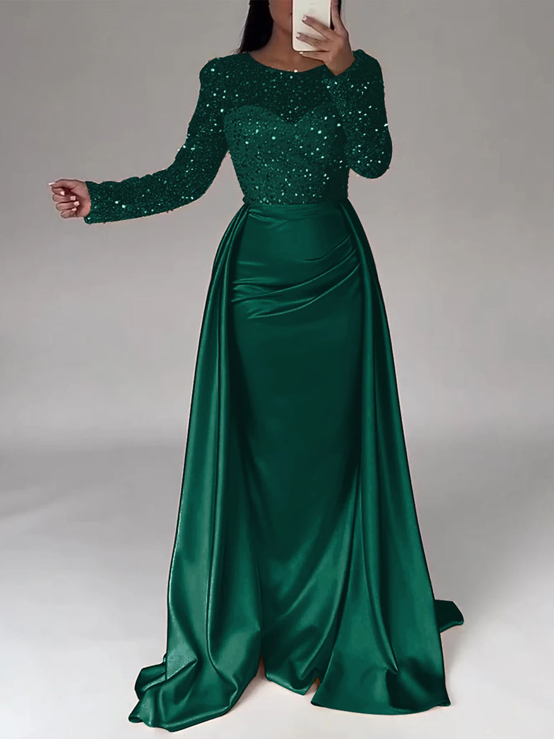 Mermaid Sequin Satin Long Sleeves with Pearls Long Evening Dress