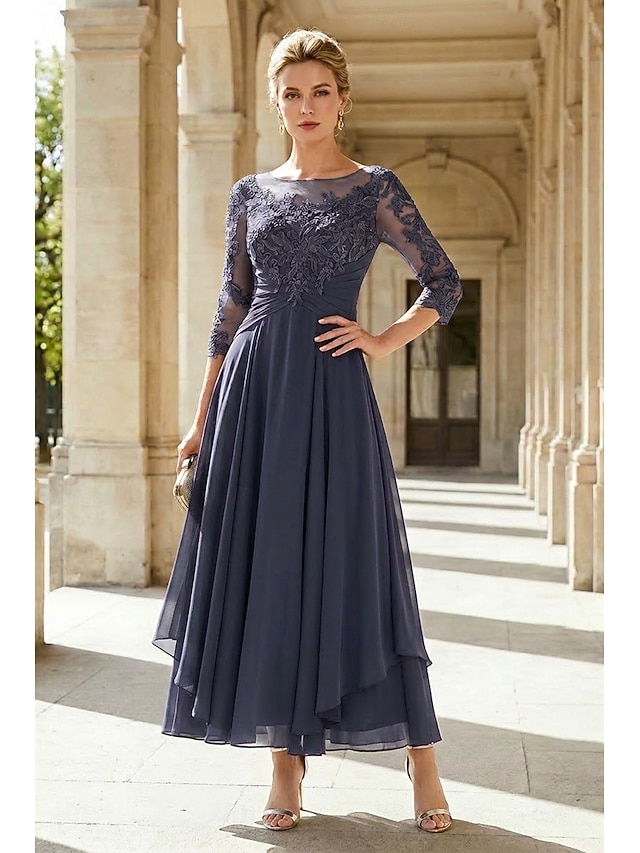 a-line ankle-length mother of the bride dress wedding guest dress cocktail dress jewel neck 3/4 sleeves chiffon lace elegant, supplier image 9