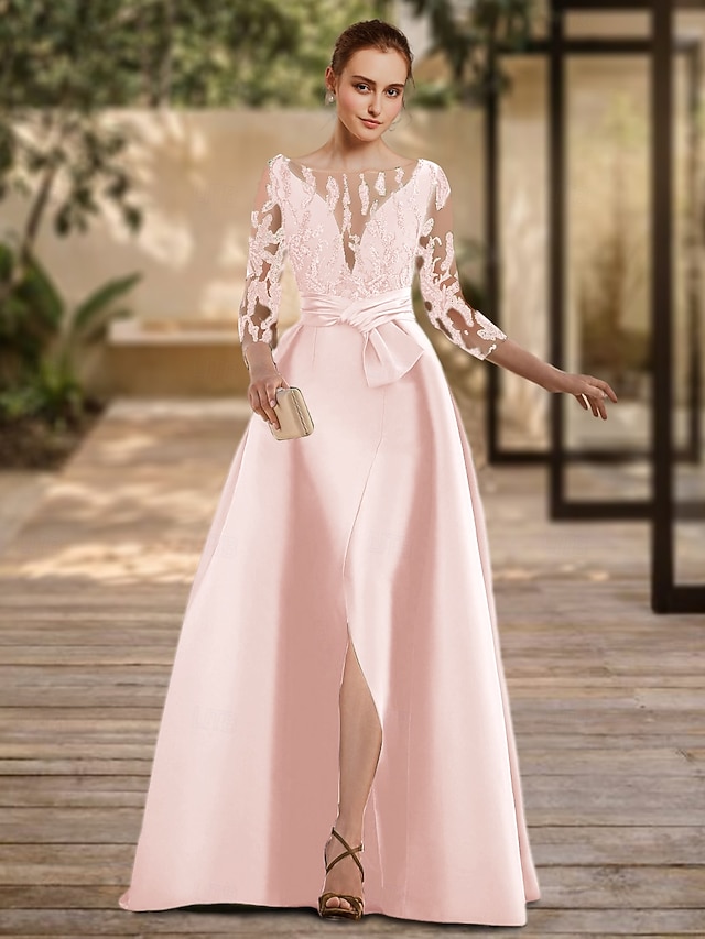 a-line floor-length mother of the bride dress wedding guest dress evening gown scoop neck 3/4 sleeves lace, supplier image 9