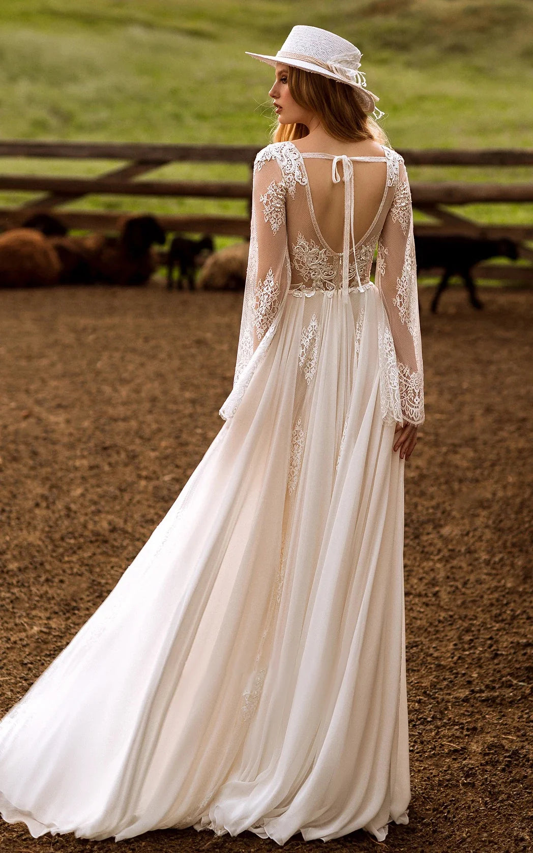 A-Line Boho Lace Wedding Dresses with Sleeves Plunging Neckline Sweep Train