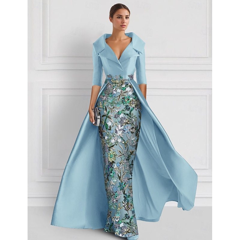 Beaded Eembroidered Ball Gown A-Line Evening Gown Mother of the Bride Dress Formal Dress Elegant Wedding Floor Length Half Sleeve Shirt Collar Satin with Slit Appliques