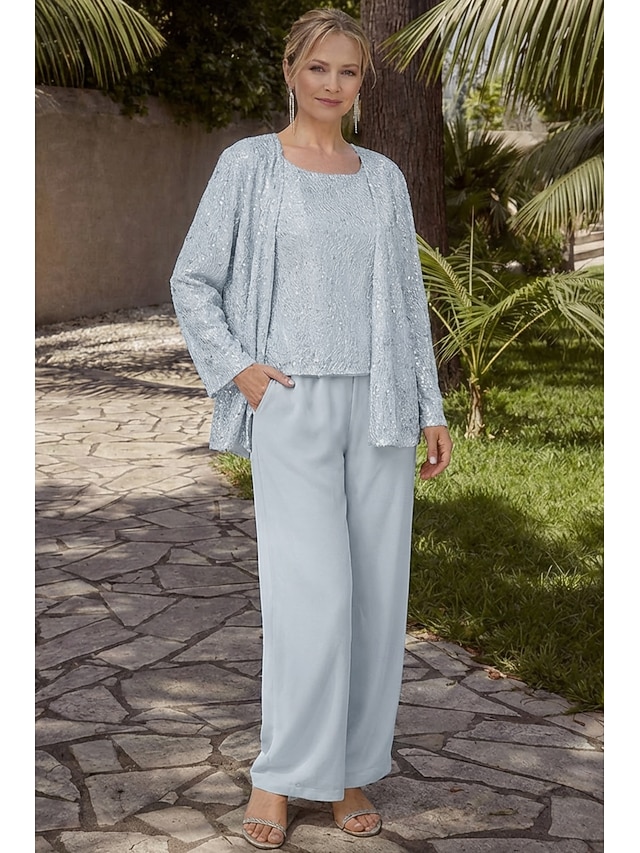 3 piece jumpsuit pantsuit floor-length mother of the bride dress wedding guest dress scoop neck sleeveless chiffon lace elegant, supplier image 28