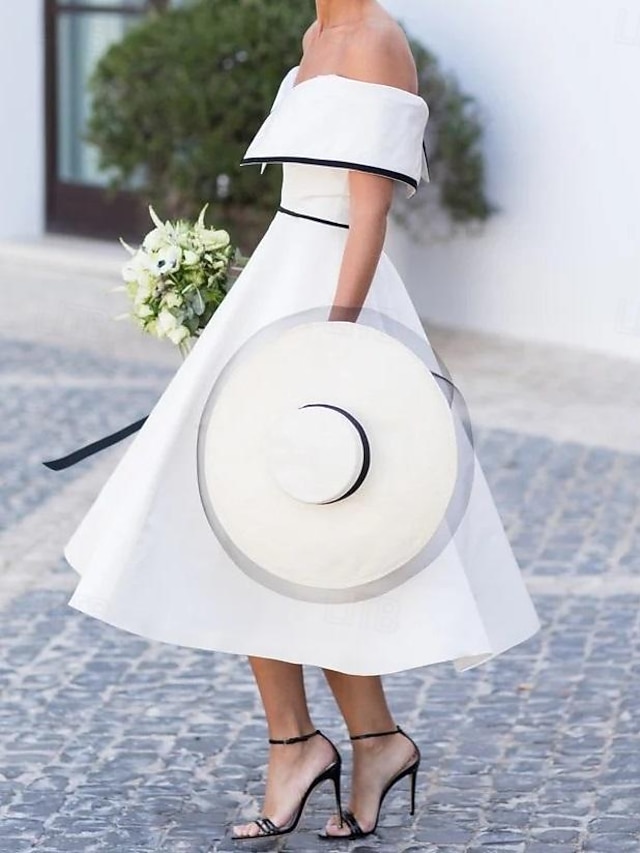 a-line tea-length little white dress wedding dress off-the-shoulder short sleeves stretch fabric, supplier image 5