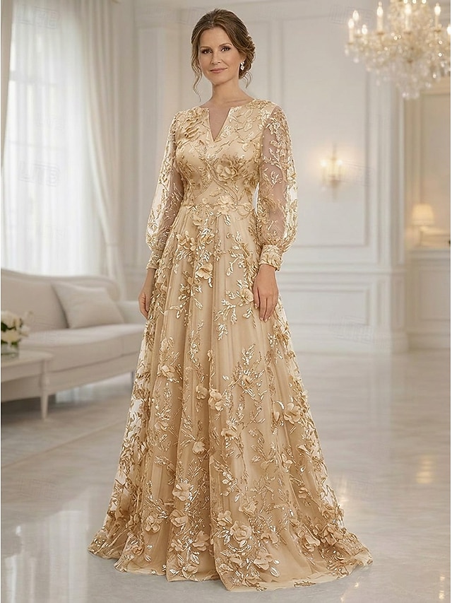 a-line floor length mother of the bride dresses cocktail dresses party dresses long sleeve v neck elegant vintage luxurious lace with 3d flowers, supplier image 7