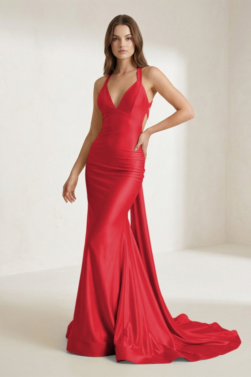 Pink Halter Satin Mermaid Open Back Long Formal Prom Dresses, product image 15