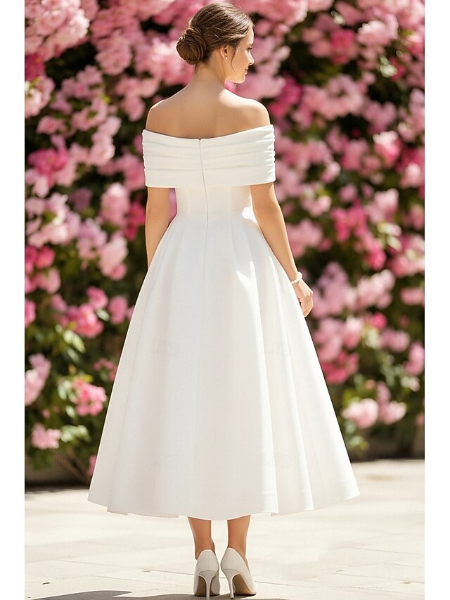 a-line ankle-length little white dress wedding dress cocktail dress formal dress off-the-shoulder sleeveless satin, supplier image 3