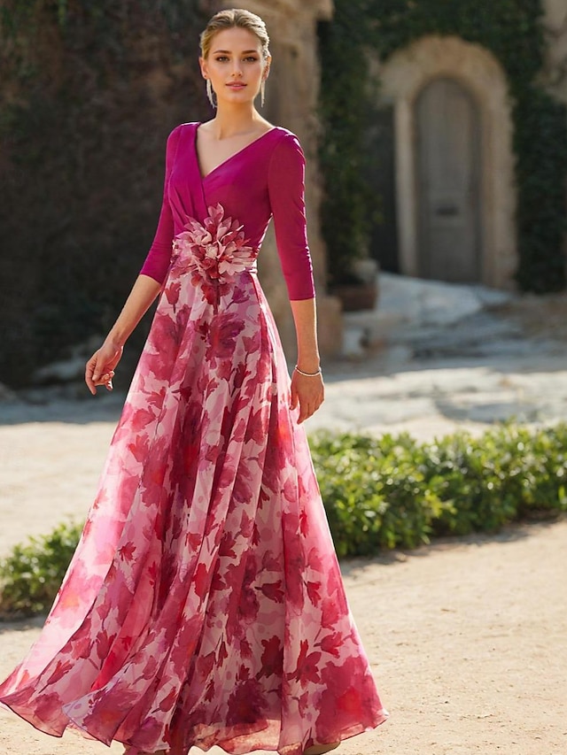 a-line floor-length mother of the bride dress wedding guest dress evening gown v-neck 3/4 sleeves chiffon elegant, supplier image 2