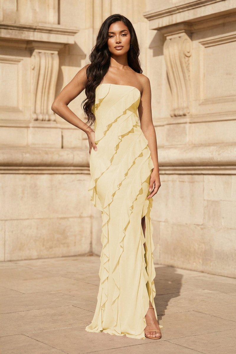 Pink - Sheath Strapless Chiffon Long Prom Dresses With Ruffles Evening Dresses, product image 23