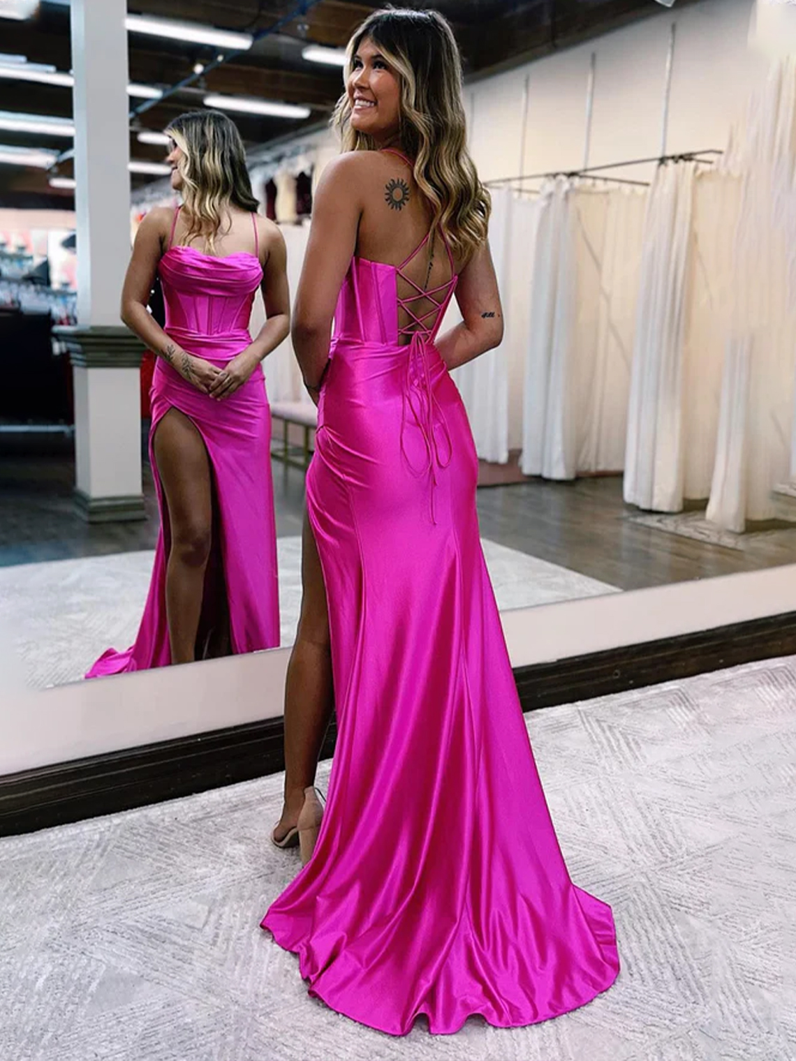 Mermaid Spaghetti Straps Satin Sweep Train with High Slit Prom Dress