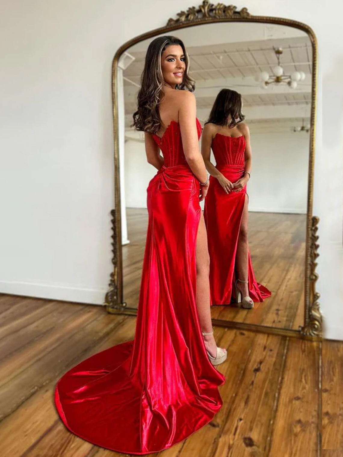 Mermaid Strapless Corset Satin Appliques with Slit Long Prom Dress