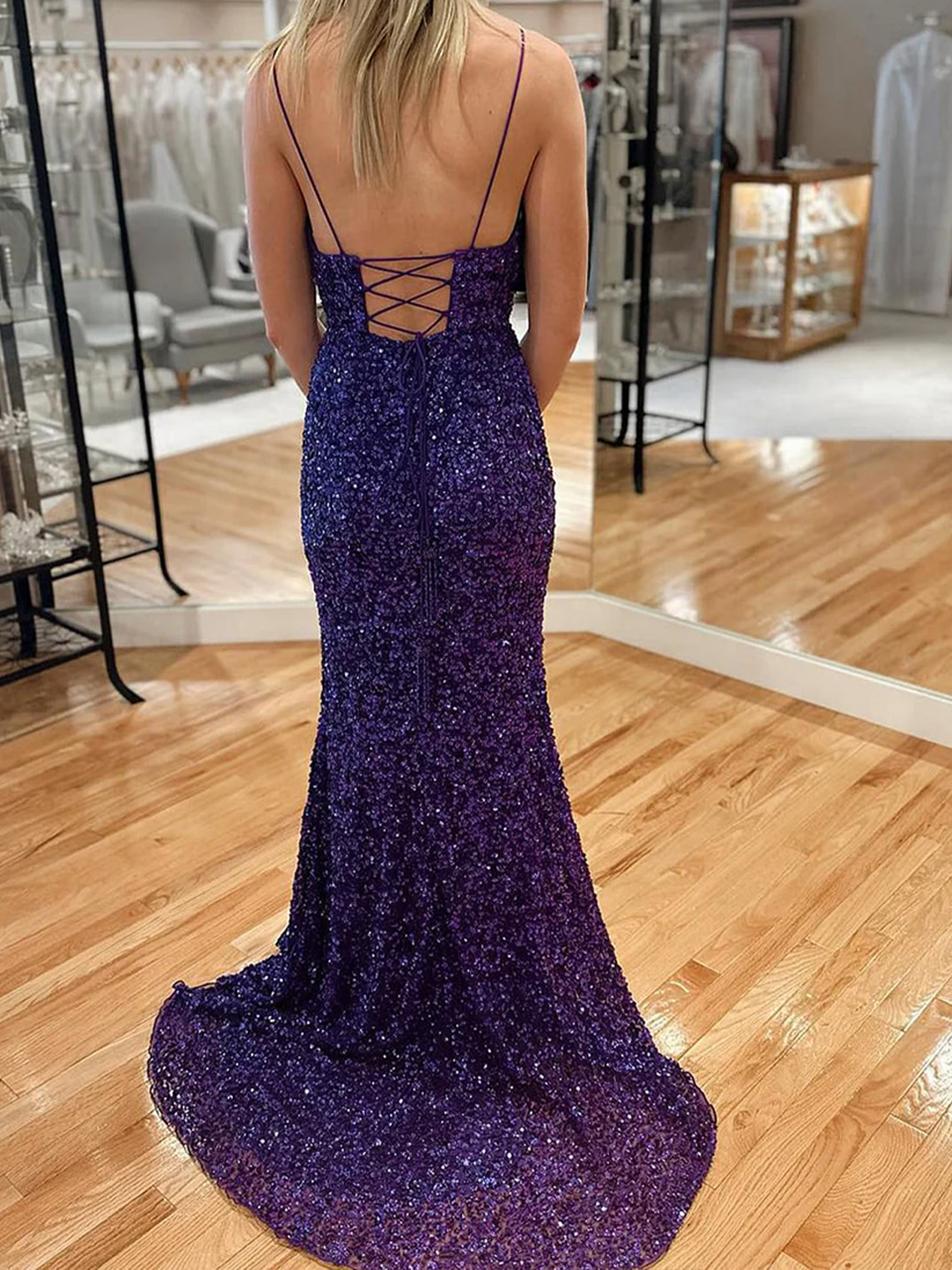 Sparkle Mermaid V-neck Sequin Corset with Split Long Prom Dress 