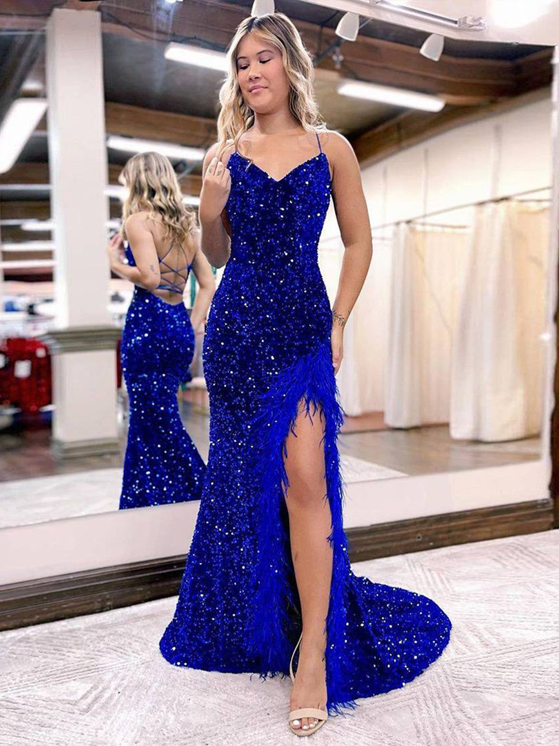 Mermaid Sequin V-neck Side Slit  Lace Up with Feather Prom Dress 