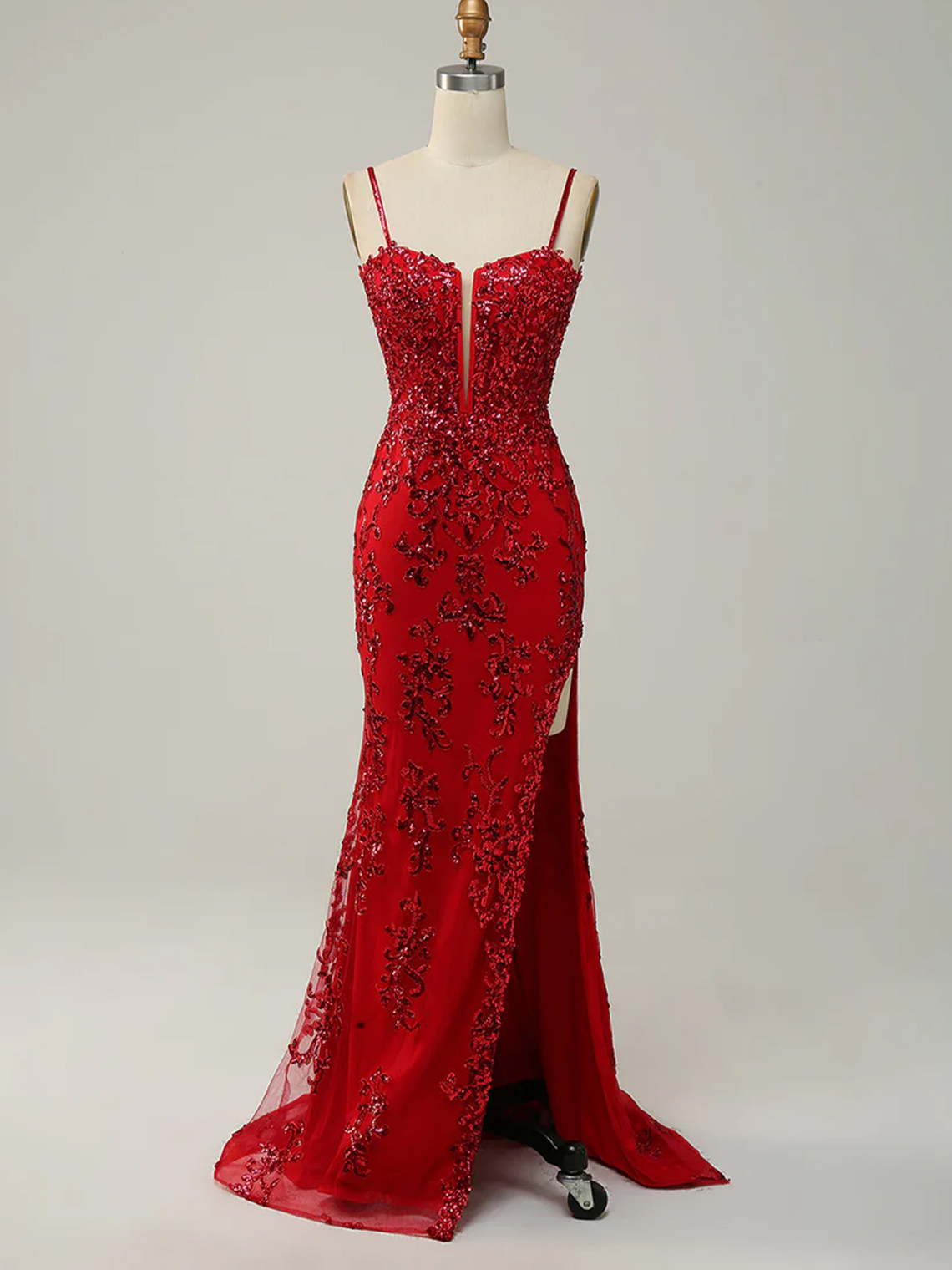Sheath Tulle Straps Side Slit with Appliques Long Prom Dress