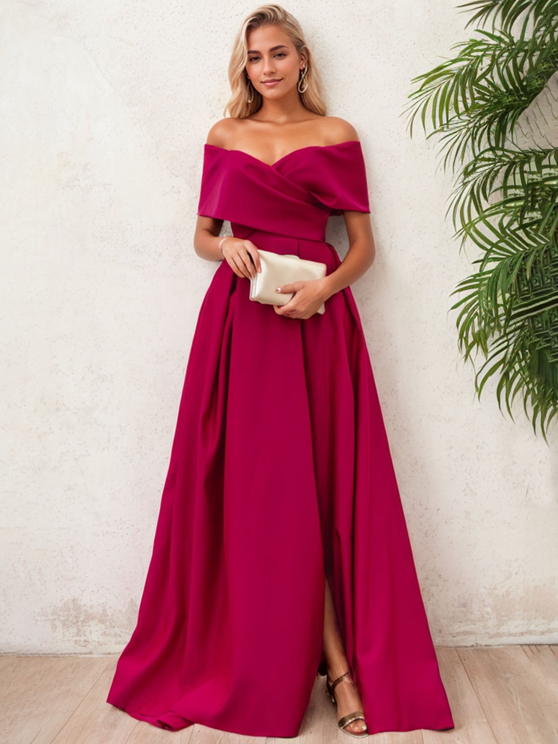 Fuchsia Satin A Line Off Shoulder Sleeveless with Slit Evening Dress