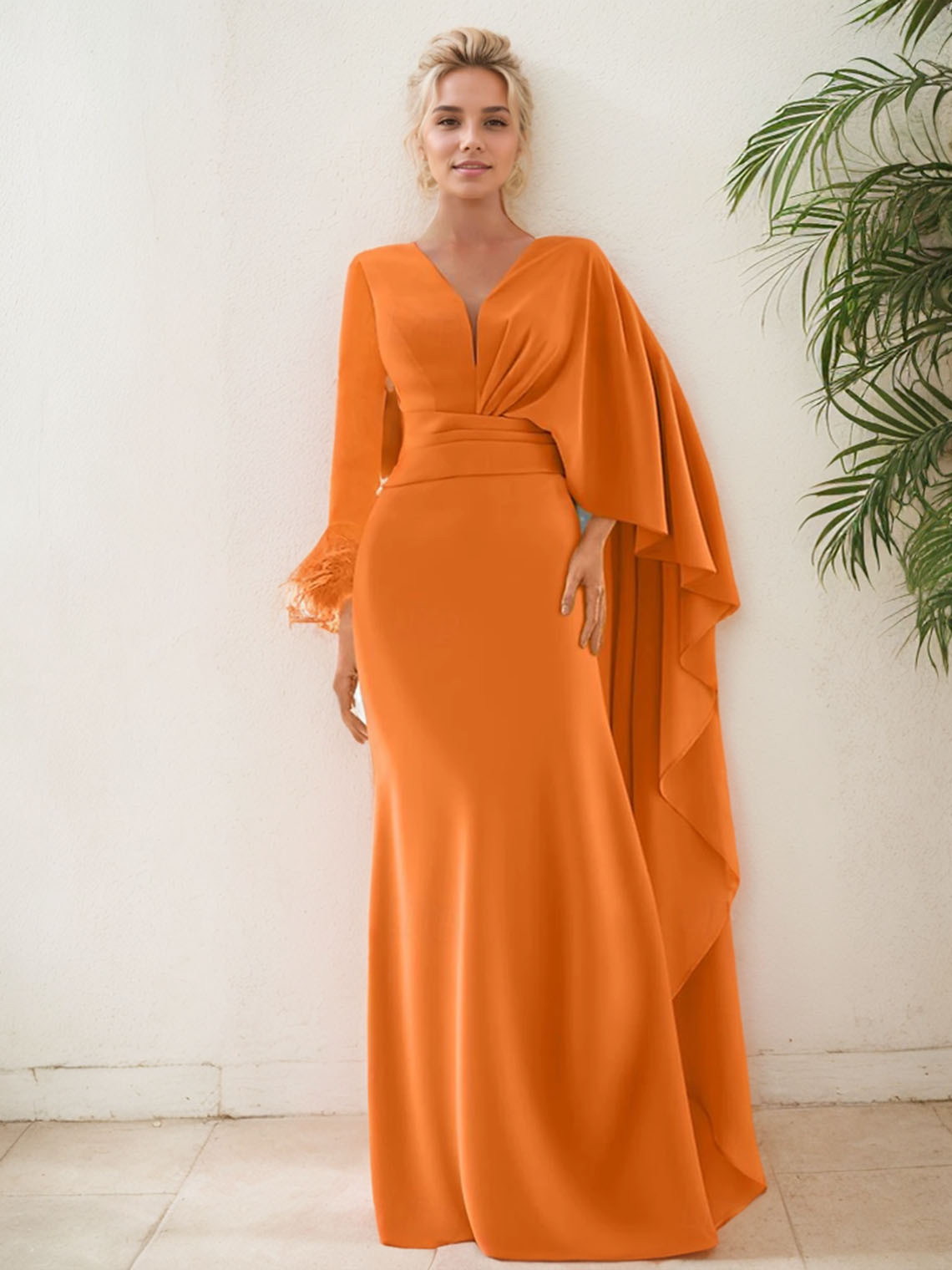 Mermaid Chiffon V Neck Long Sleeve with Feather Ruffles Evening Dress