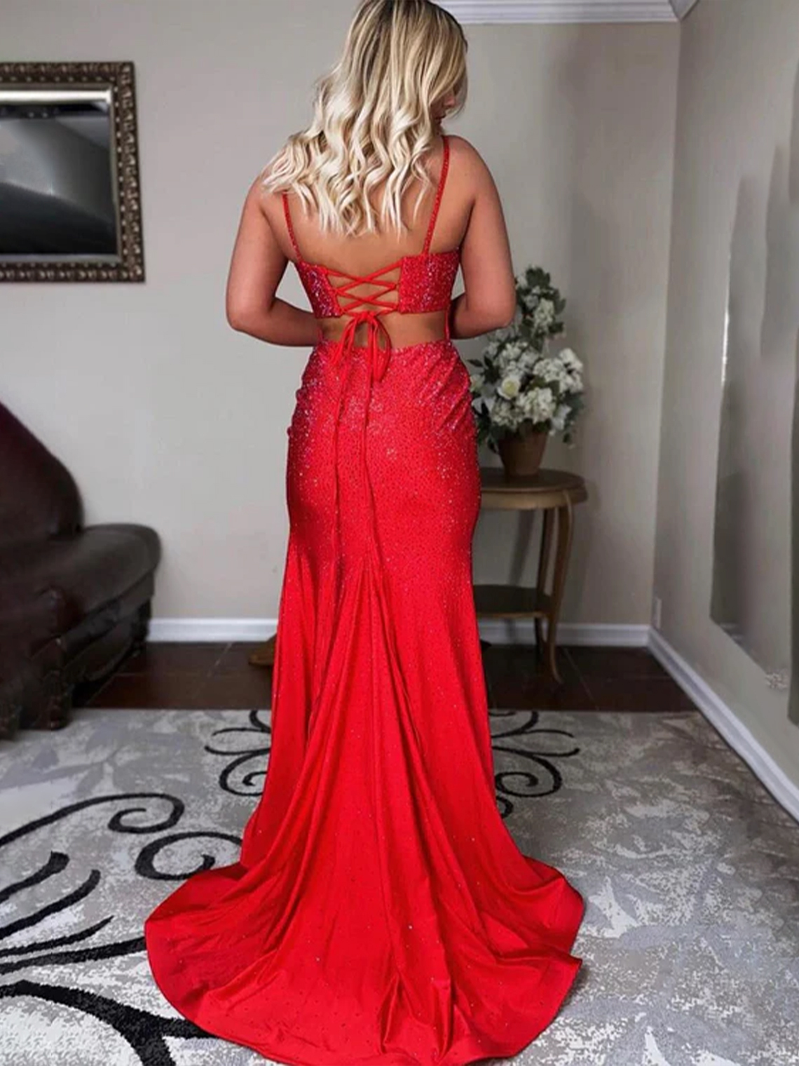 Mermaid Spaghettti Strap Sweep Train Beaded Satin Slit Prom Dress