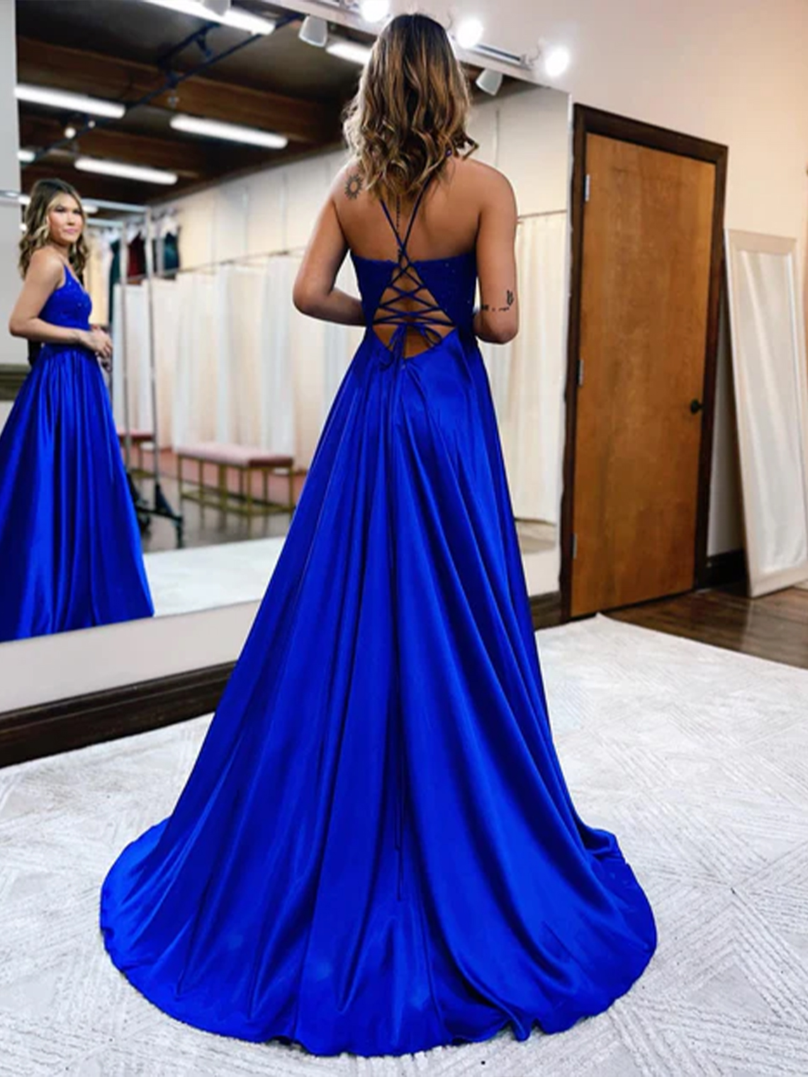 A-line Sexy V Neck Spaghetti Straps Satin With Split Prom Dress 