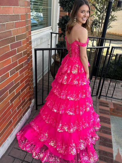Dress A-line Off the Shoulder Sequined Lace Multi-Tiered Ruffles Prom Dress