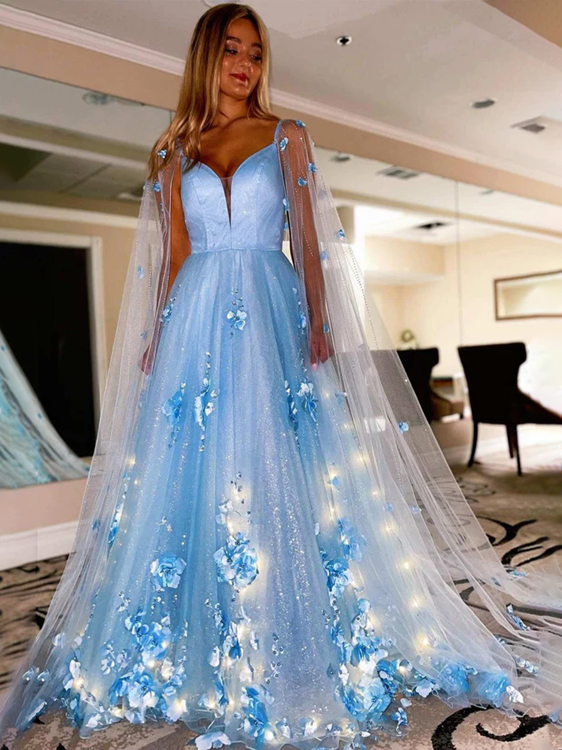 A-Line Tulle and 3D Floral Lace  with Cape Sleeves Prom Dress