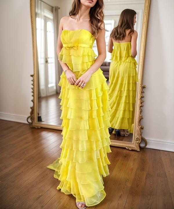 A-line Straight Cascading Ruffles Floor-Length Chiffon Prom Dress