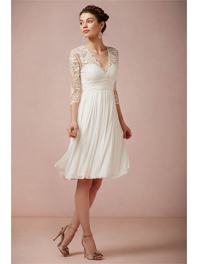a-line knee-length little white dress wedding dress v-neck 3/4 sleeves chiffon lace, supplier image 4