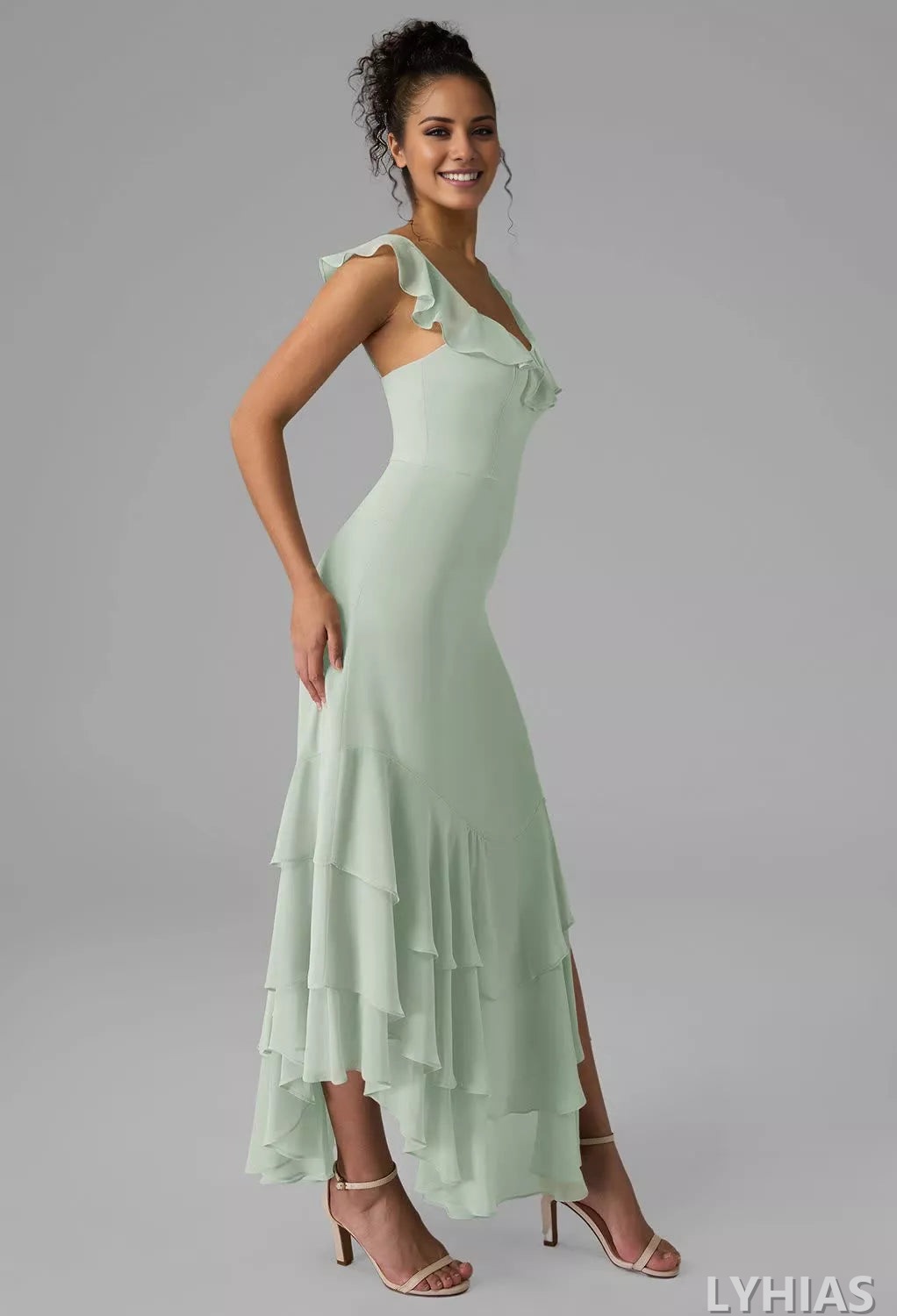 Blushing Pink Chiffon A-Line Asymmetrical Bridesmaid Dresses with Ruffled Square Neck