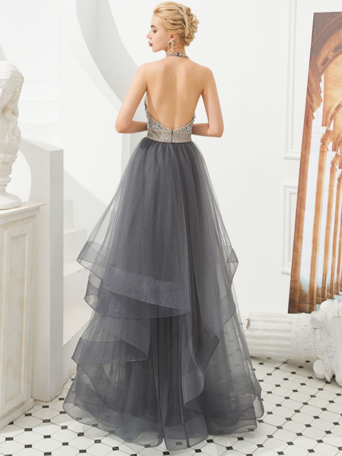  A-Line Evening Dress Halter Neck Sleeveless Floor Length Prom Dress