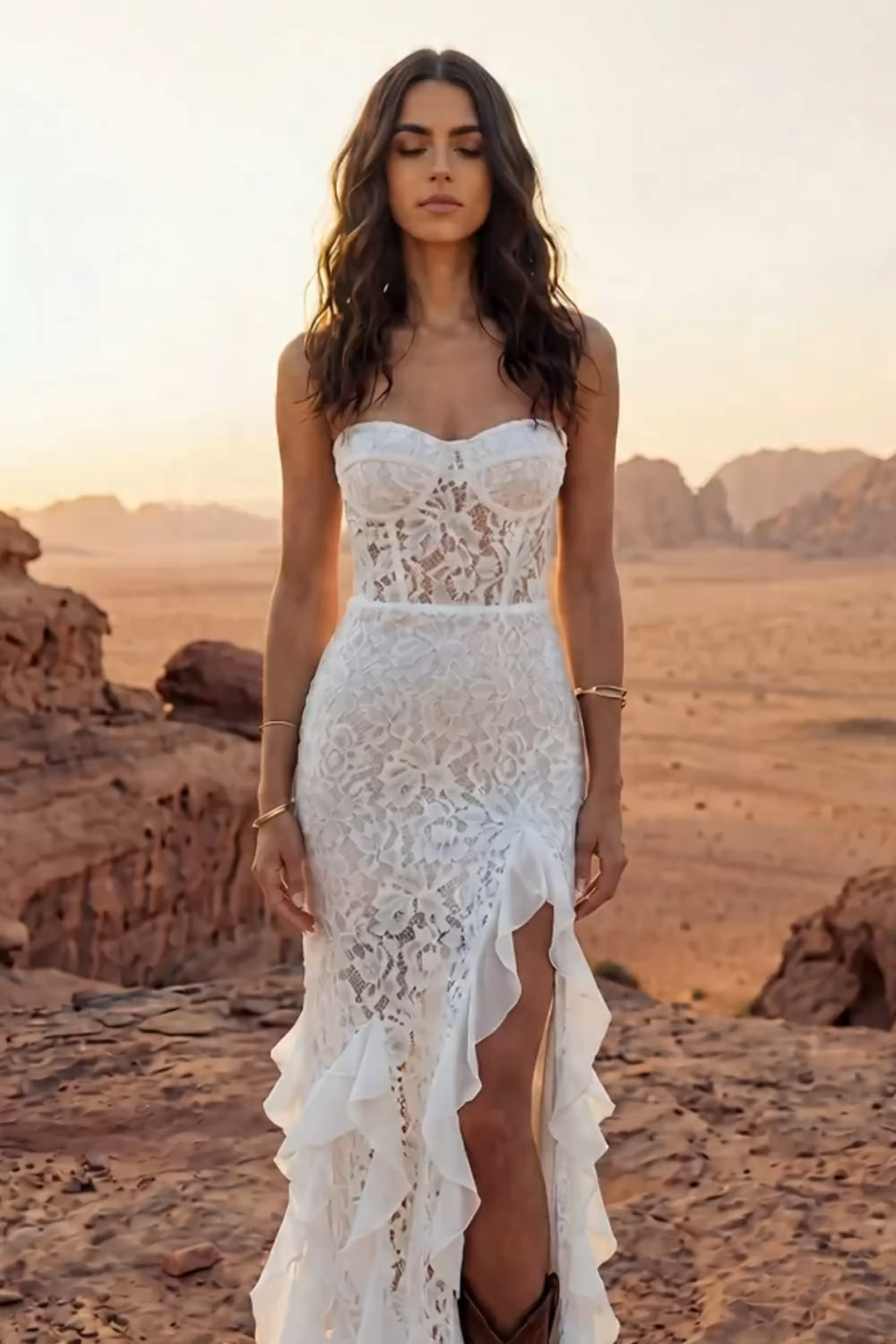 Ivory Floral Strapless Sheath Maxi Boho Engagement Dresses with Ruffles, image 3