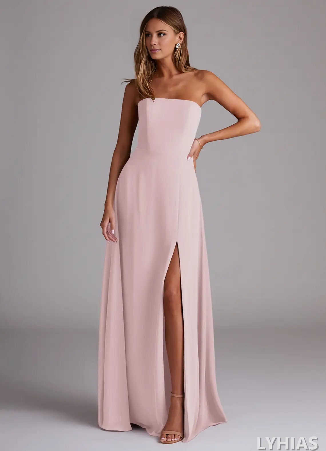 Chiffon Straight Neck A-Line Floor-Length Bridesmaid Dresses with High Slit