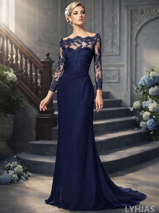 Mermaid Trumpet Mother of the Bride Dresses Floor Length Long Sleeve Off Shoulder Lace Elegant