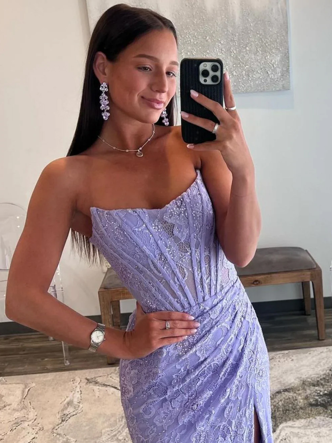 Mermaid/Trumpet Strapless Long Lace Prom Dress Beaded With Split