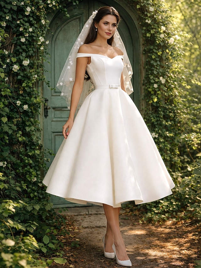 a-line tea-length little white dress wedding dress wedding guest dress cocktail dress off-the-shoulder sleeveless, supplier image 2