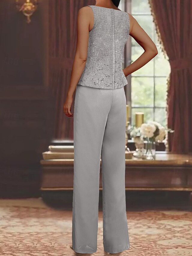 3 piece jumpsuit pantsuit floor-length mother of the bride dress wedding guest dress scoop neck sleeveless chiffon lace elegant, supplier image 7