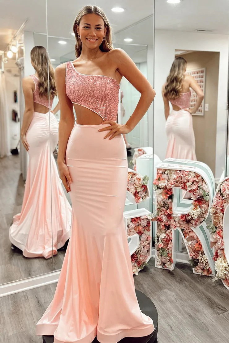 Satin One-Shoulder Mermaid/Trumpet Cutout Sequins Long Prom Dress Long Evening Dress