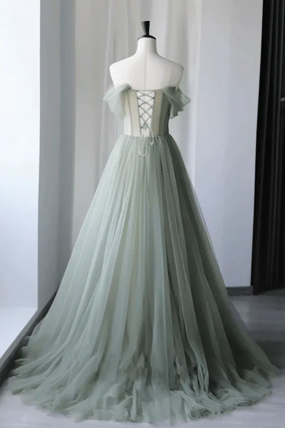 Princess Off the Shoulder Embroidering Tulle Sage Ball Gown Evening Dresses, product image 4