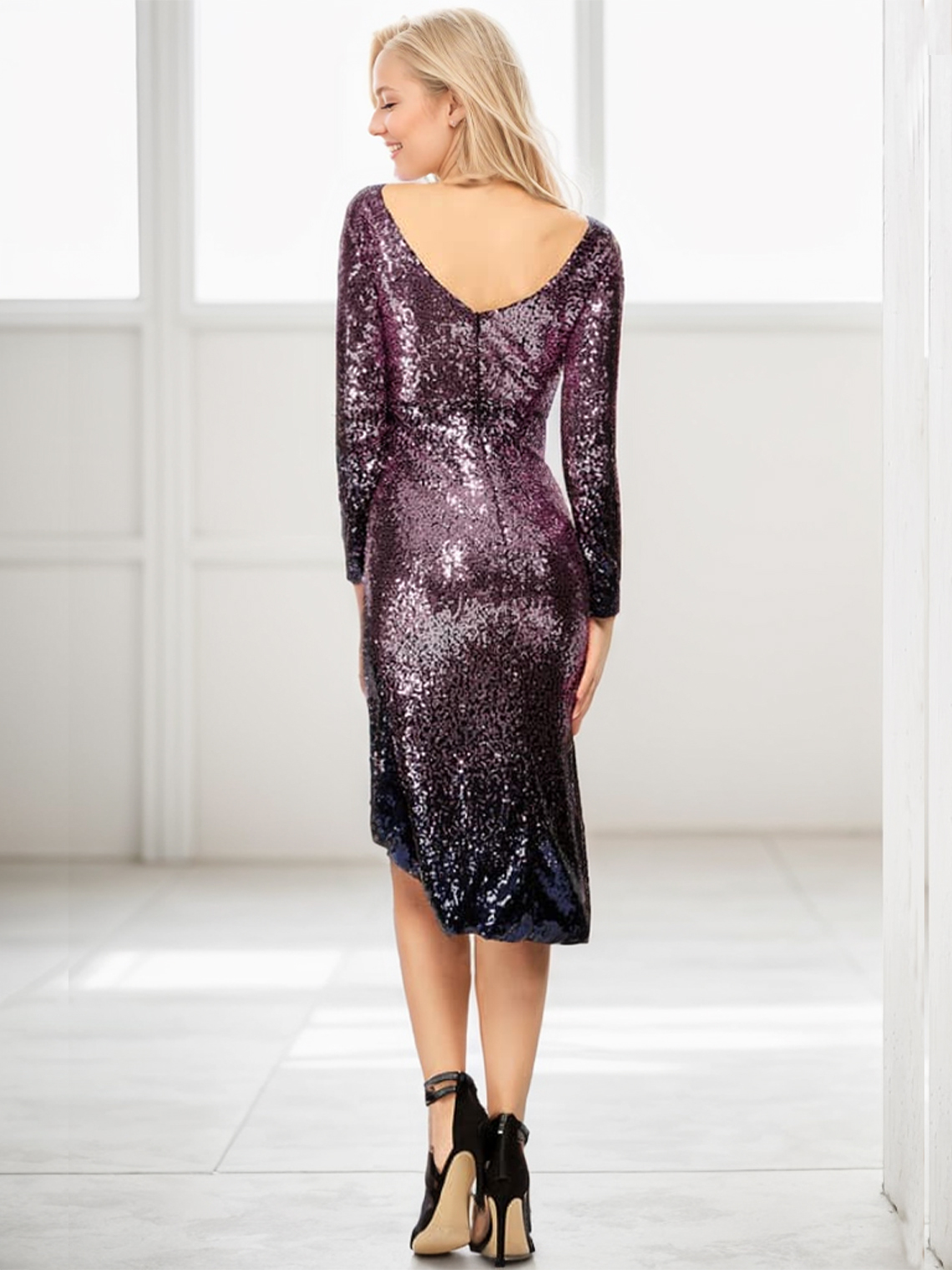 Sheath/Column V Neck Sequined Asymmetrical Cocktail Prom Party Dress