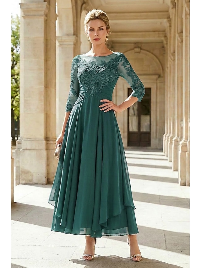 a-line ankle-length mother of the bride dress wedding guest dress cocktail dress jewel neck 3/4 sleeves chiffon lace elegant, supplier image 15