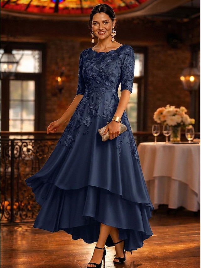 a-line mother of the bride dresses floor length asymmetrical satin lace half sleeve elegant vintage, supplier image 7