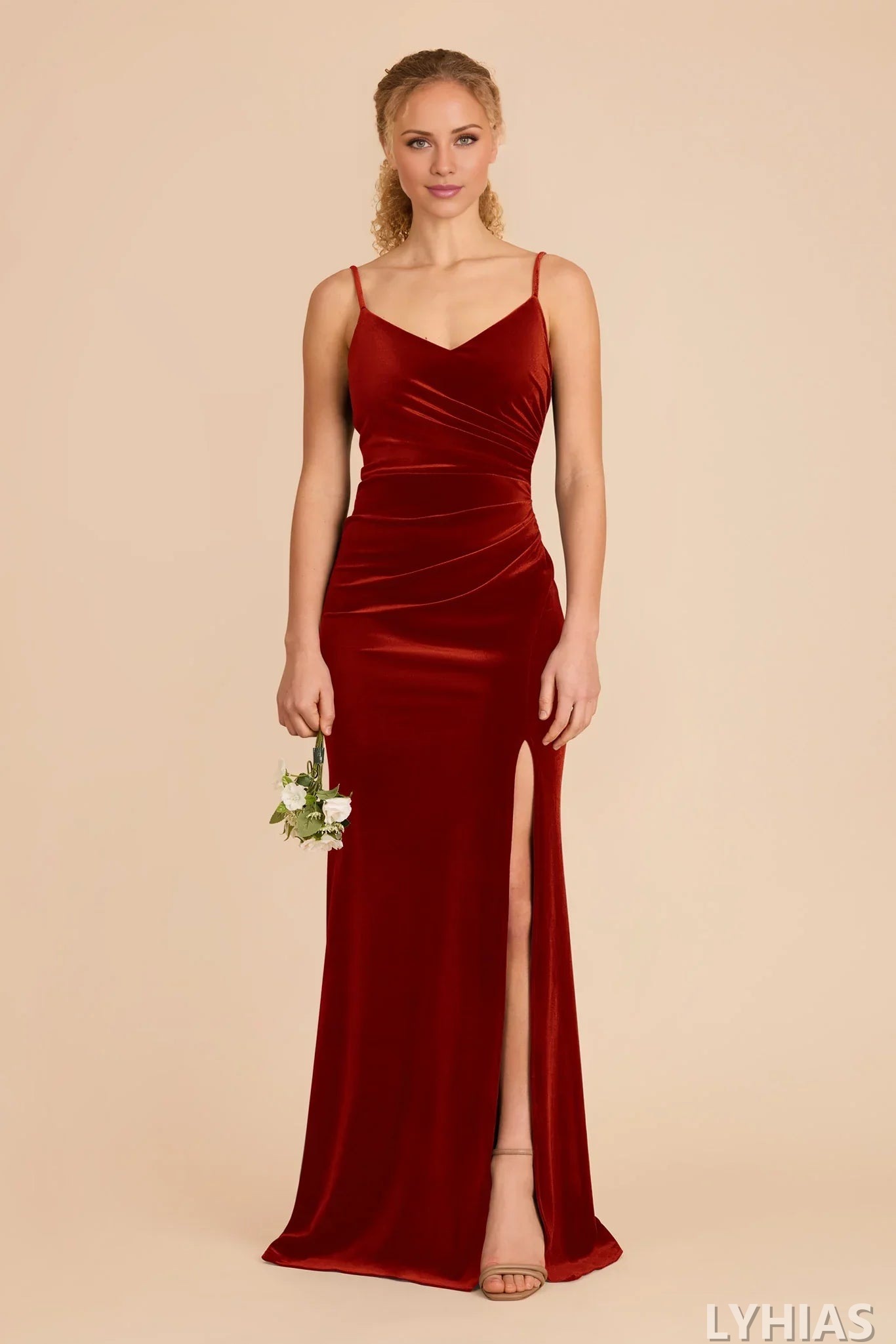 Burgundy Velvet V-Neck Sheath/Column Floor-Length Bridesmaid Dresses with Ruched Bodice & High Slit