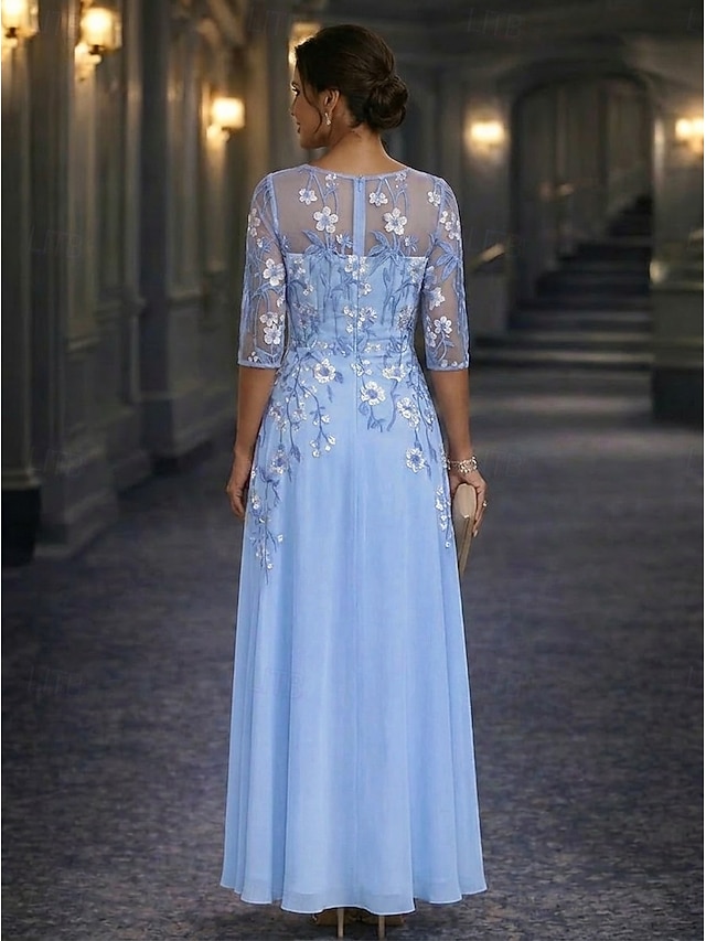 a-line mother of the bride dresses floor length chiffon lace with embroidery long sleeve crew neck, supplier image 2