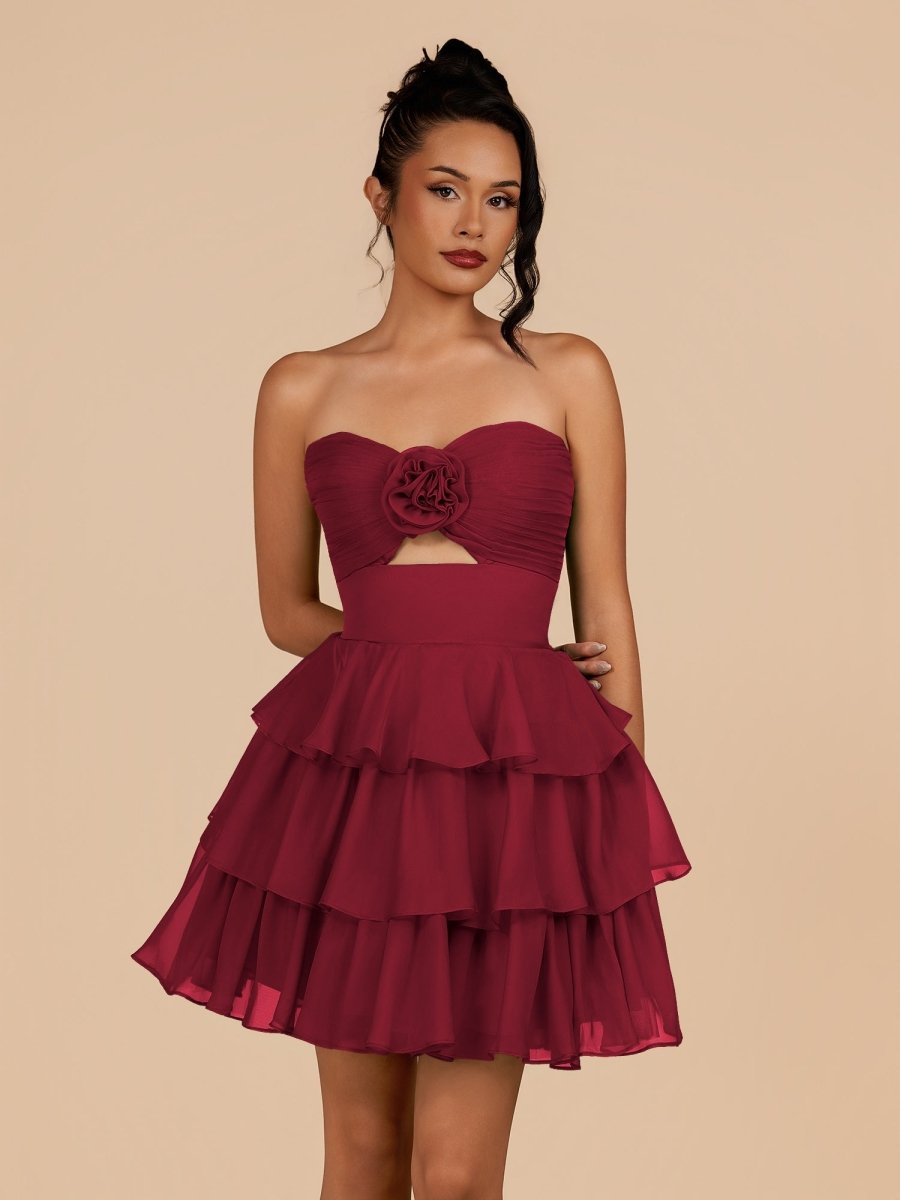 Fuchsia Strapless A Line Chiffon Ruffles Homecoming Dresses With Flower, supplier image 15