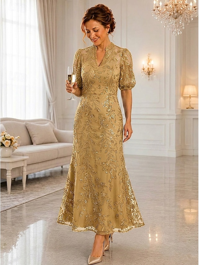 a-line ankle length mother of the bride dresses short sleeve v neck elegant luxurious sparkle & shine lace with beading, supplier image 8