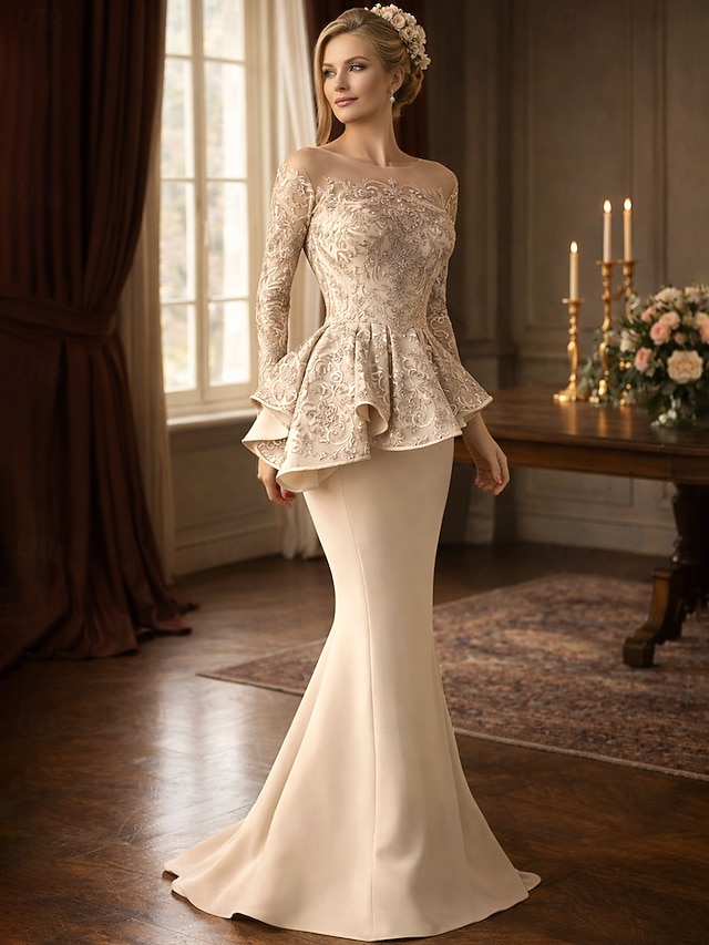 mermaid floor-length mother of the bride dress wedding guest dress evening gown scoop neck long sleeves lace stretch fabric elegant, supplier image 1