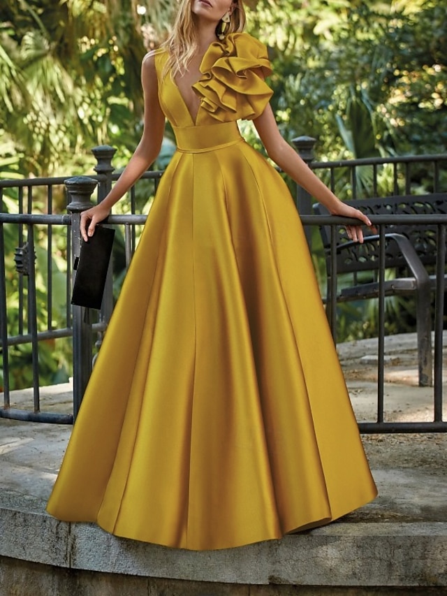 a-line floor-length wedding guest dress prom dress evening gown v-neck sleeveless satin elegant, supplier image 1