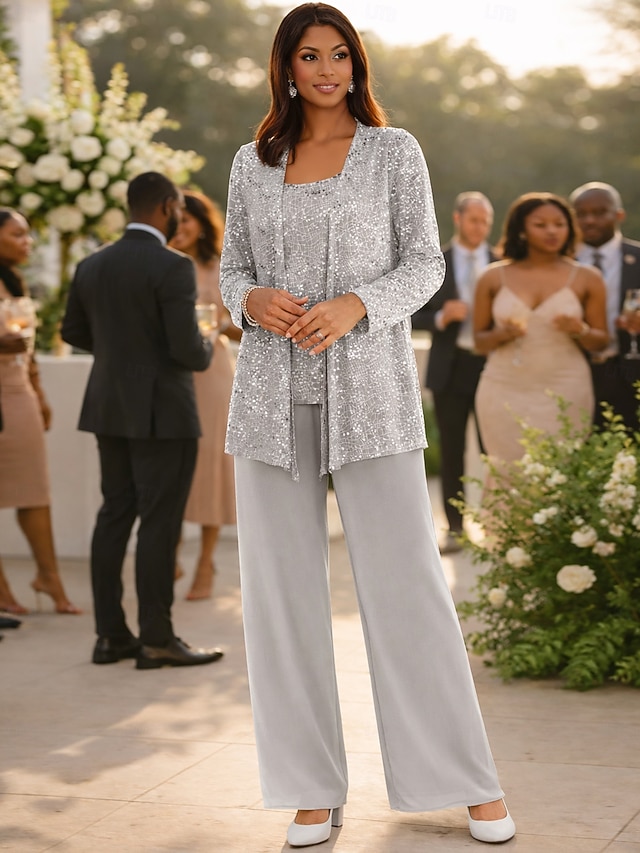3 piece jumpsuit pantsuit floor-length mother of the bride dress wedding guest dress scoop neck sleeveless chiffon lace elegant, supplier image 1